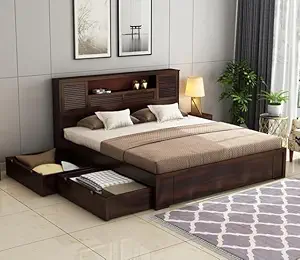 Bed Frame with Built-in Drawer Storage (Wood)