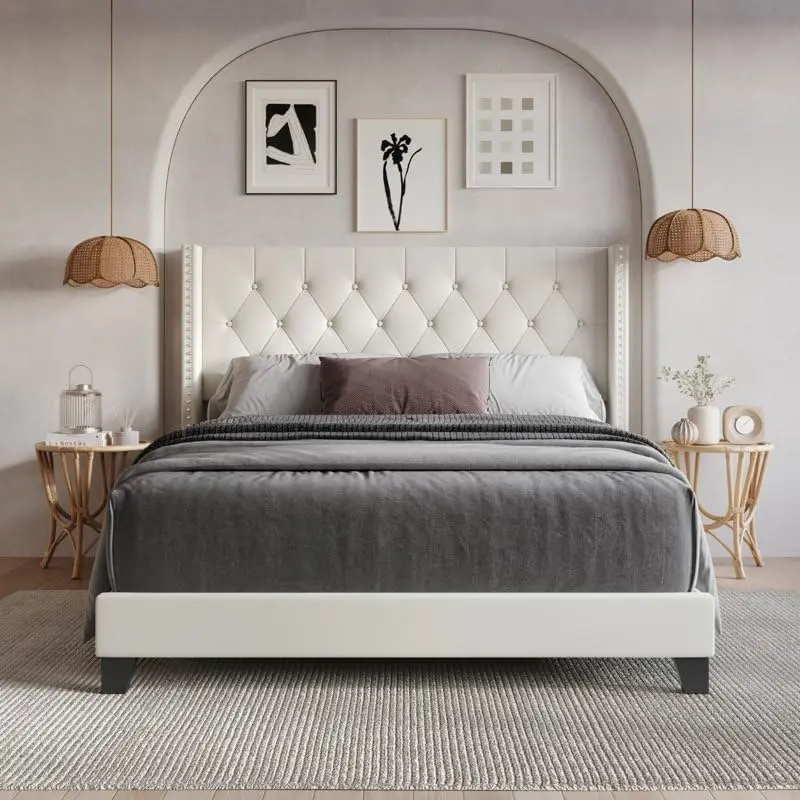 Modern Upholstered Polished Queen Size Bed For Bedroom