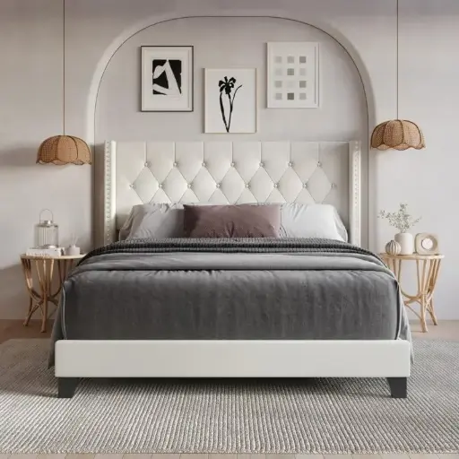 Modern Upholstered Polished Queen Size Bed For Bedroom
